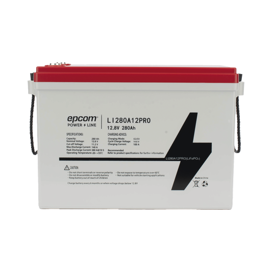 Batería de Litio Ciclo Profundo / 12.8 Vcc 280Ah (3.58 kWh) / LiFePO4 / 6000 Ciclos / Descarga 140A / Carga Rápida 100A / Solar y Marina / BMS con Corte a 11.2V