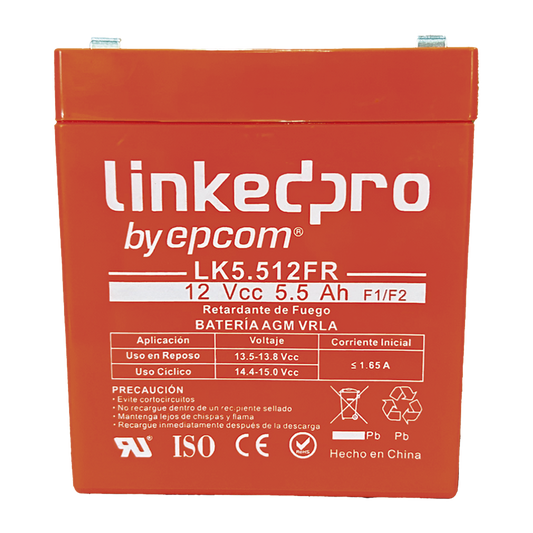 Batería de respaldo 12 V |  5.5 Ah |  AGM  | Certificada UL94-V0 Retardante a la Flama  | Especial para Seguridad Electrónica | UPS | Sistemas de Emergencia | Vida útil 5 años | Terminales F1  + Adaptador F2