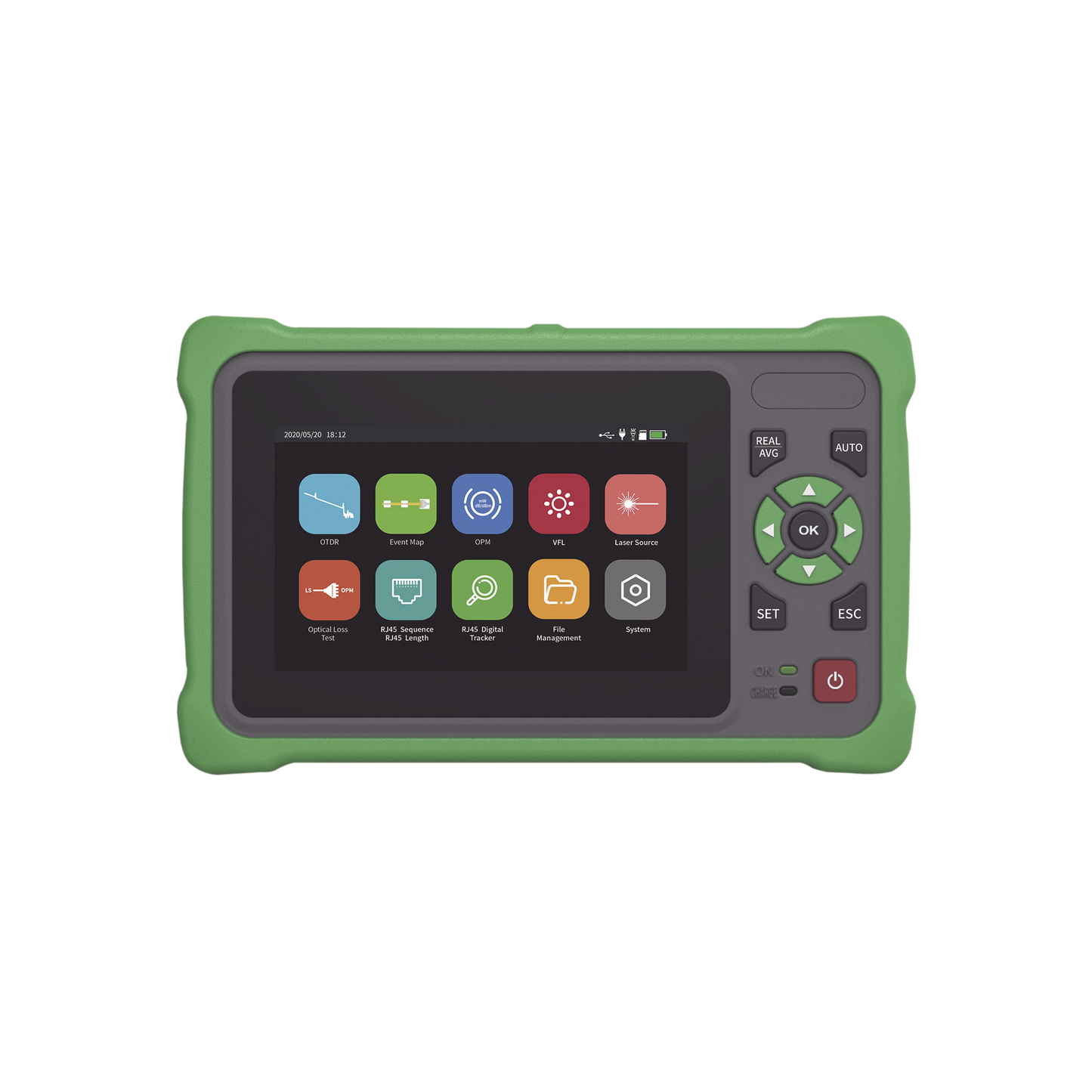 OTDR Touch para Pruebas en los Enlaces de Fibra Óptica / Longitudes de onda  1310nm y 1550nm / Función VFL 10mW / Función OPM / Función de Mapeo de cables de Red RJ45 / Recargable / Distancia de prueba de hasta 260km