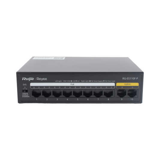 Switch PoE+ no Administrable, Hasta 110 Watts, 8 puertos PoE+ y 2 Uplinks 10/100