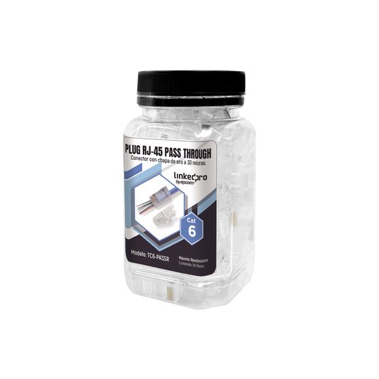 Bote con 50 Plugs Pass Through RJ45 Cat6 sin Blindaje, con Alivio de Tensión Incluido, Chapado de Oro a 30 Micras para Durabilidad Extrema