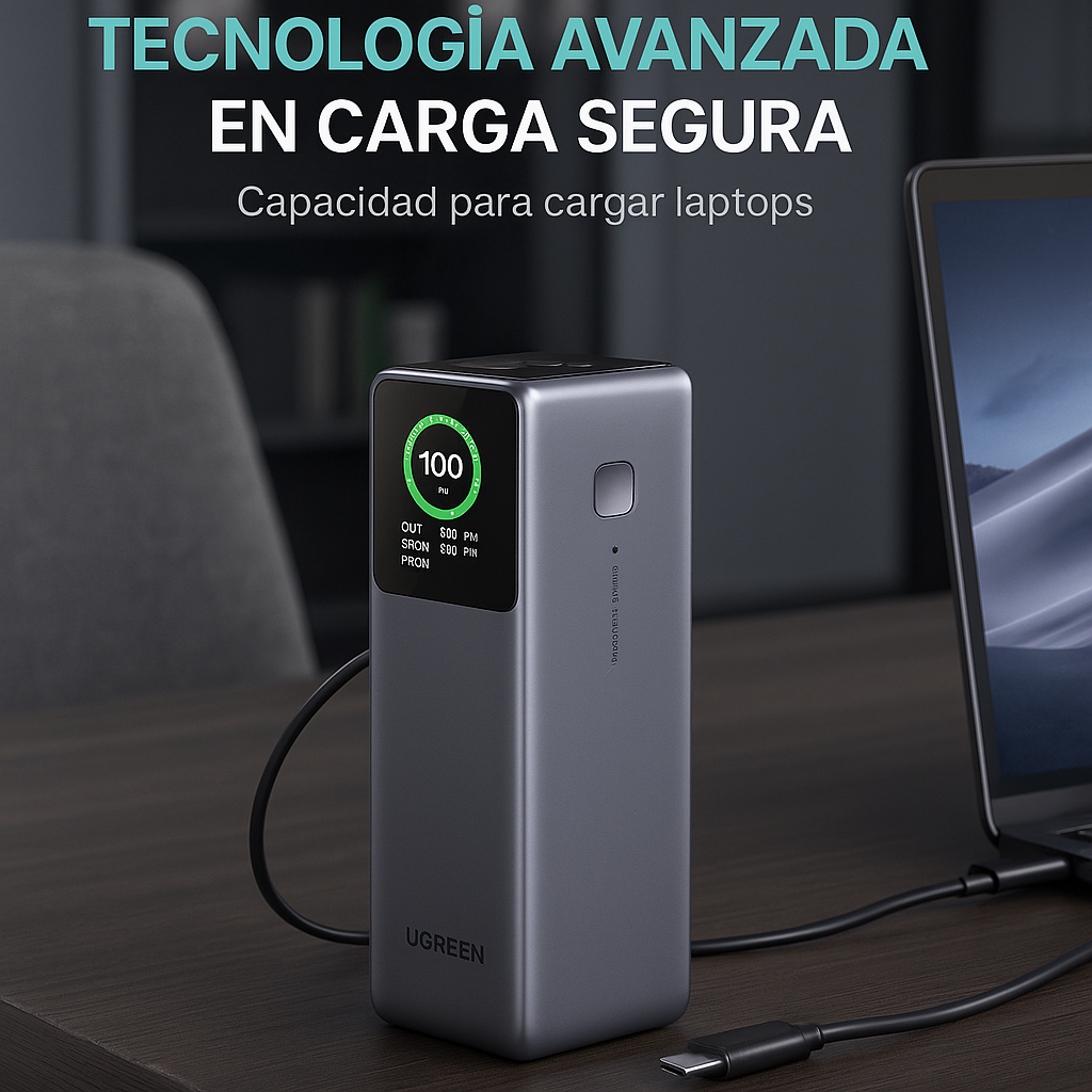 Power Bank de 25000mAh | 3 Salidas 200W Max. | USB-A + 2 USB-C | Pantalla Inteligente | Carga tu Laptop de Manera Segura
