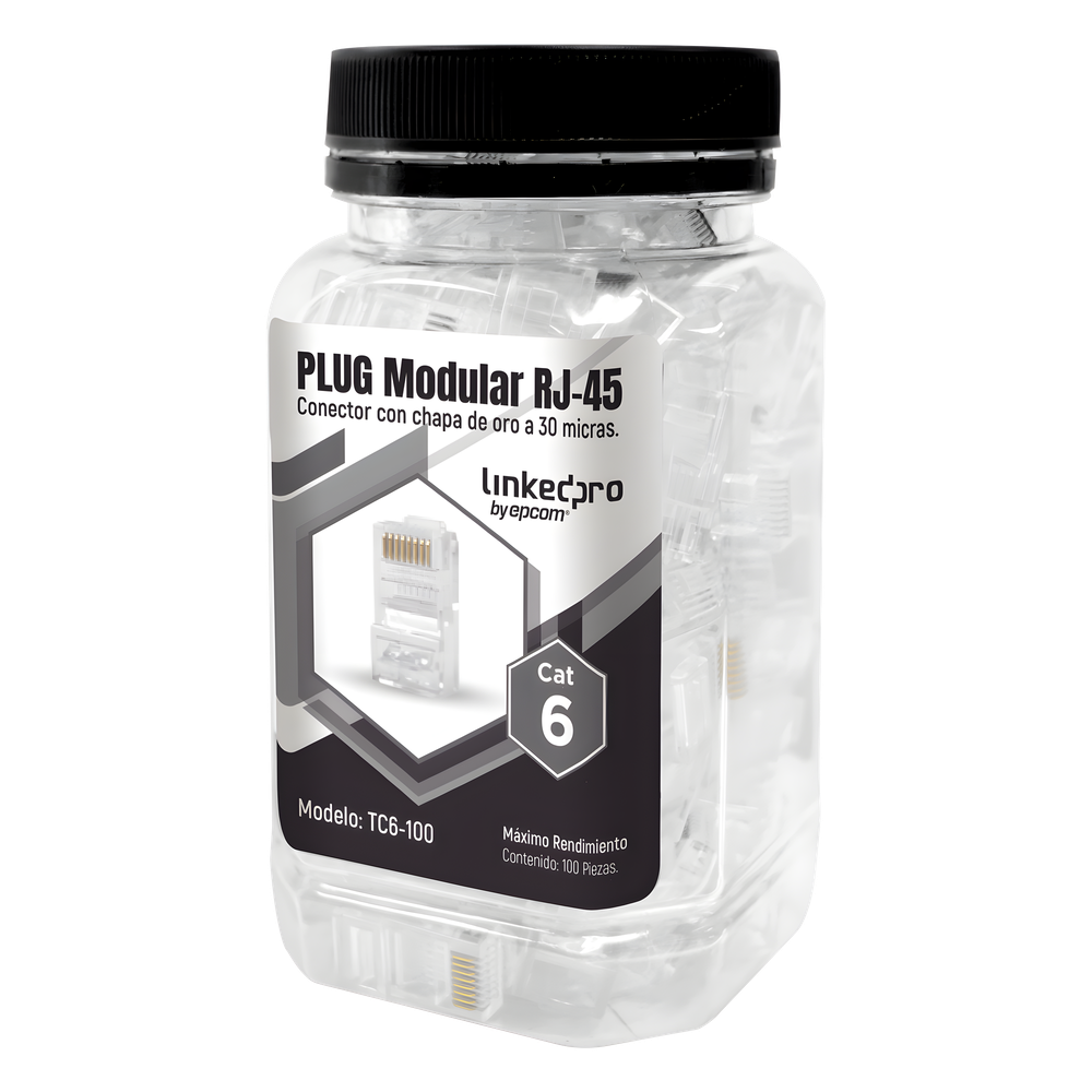 Bote con 100 Piezas de Plug Modular RJ45 Cat6 sin Blindaje, Chapado de Oro a 30 Micras para Durabilidad Extrema