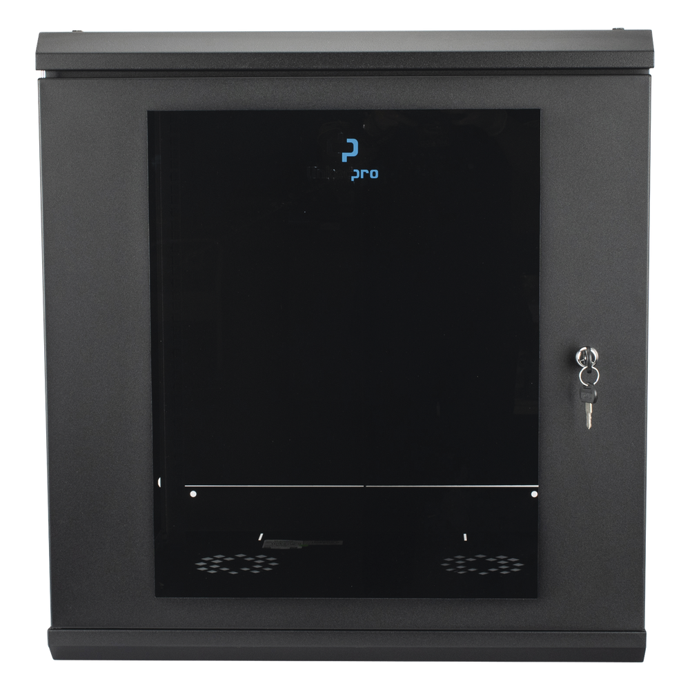 Gabinete Rack de Pared 12 Unidades / 19 Pulgadas / Ventilado / Puerta de Vidrio / Acero Calibre 18 / Carga 100 Kg / 635 x 606 x 612 mm (25 x 23.9 x 24.1 in) / Pintura Electrostática / Negro