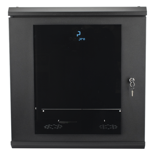 Gabinete Rack de Pared 12 Unidades / 19 Pulgadas / Ventilado / Puerta de Vidrio / Acero Calibre 18 / Carga 100 Kg / 635 x 606 x 612 mm (25 x 23.9 x 24.1 in) / Pintura Electrostática / Negro