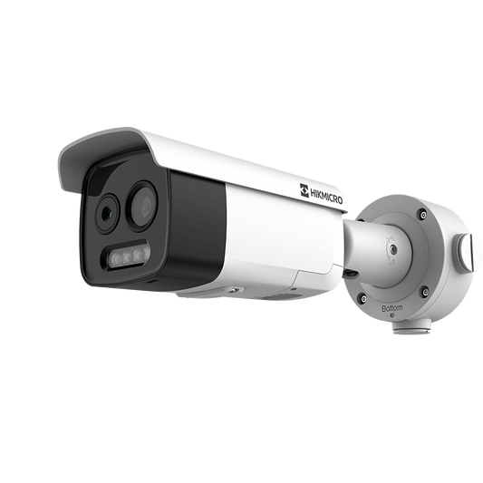 (HIKMICRO) Bala IP Bi-Espectral / Térmica (256 X 192 / 9.7 mm) + Óptica (5 MP / 12.4 mm) / IA GUANLAN / Rango: -20°C a 150°C / 8°C Margen / Detección de Fuego y Humo / Alarma Visual y Audible / Dual Light / PoE / IP67 / IK