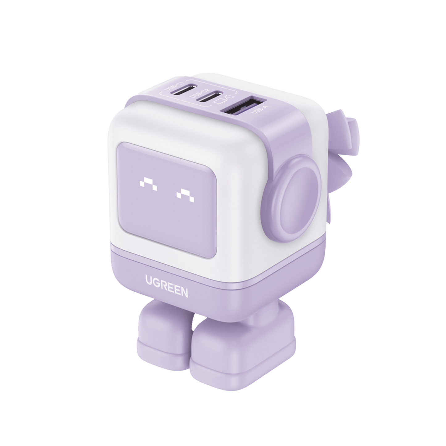 Cargador RobotGaN de 65W Serie UNO | 3 Puertos de Carga Rápida | 2 USB-C | 1 USB-A | PD 3.0 | QC 4.0 | Carga Inteligente | Tecnología GaN II | Zapato Magnético Extraíble | Carcasa Ignífuga | Pantalla LED